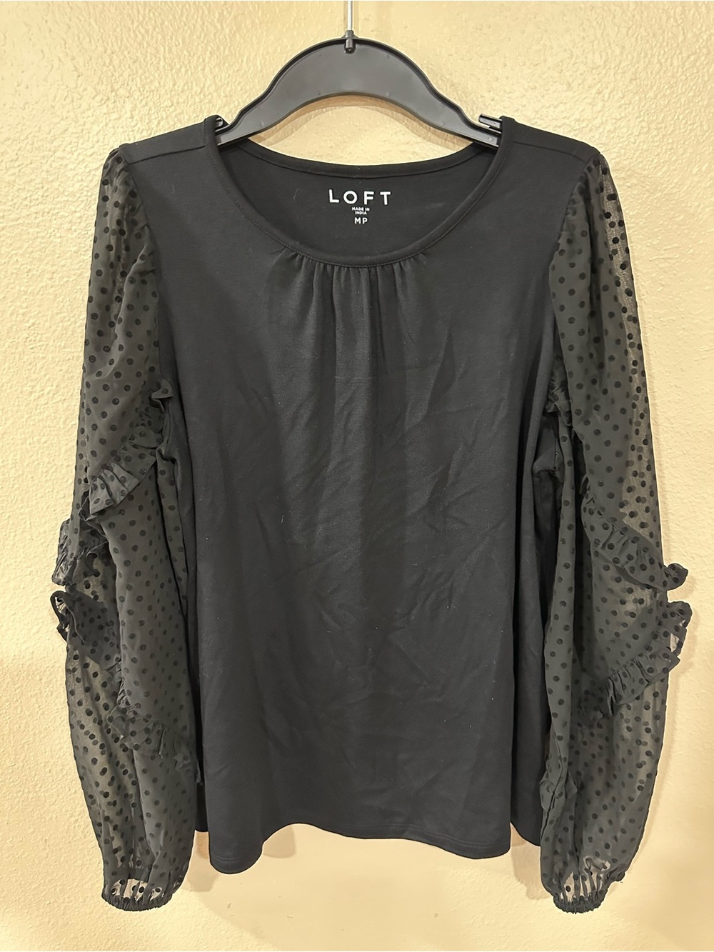 LOFT Black Long Sleeve Polka Dot Mesh Sleeve Top